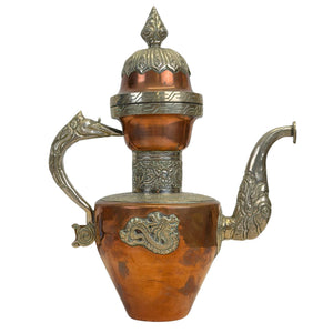 Vintage Himalaya tibetanische Kannen mit Drachen aus Kupfer – Paktong-Reliefverzierung (28,5 cm)